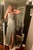 This is dress is amazing.  I ordered it, as well as a super similar one (from Lulus) in the same sage green color and print.  This neckline and slit style are slightly different.  I chose to keep the other style (more of a V-neck and has more of a defined slit) but it was a tough decision.  I still definitely recommend this dress! - Savannah R.