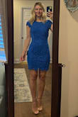 I bought this for a wedding in a few weeks so I haven't worn it all night yet but it seems to be relatively comfortable. The blue color and lace is very pretty. I usually wear an XS so this dress is true to size and definitely form fitting but the lace gives nice coverage and smooths over most areas. I'm only 5'2" with borderline petite length legs and it's pretty short on me. Getting the lower back hook and neck loop closed by myself may be challenging but overall I'm very happy with the dress. - Amy T.