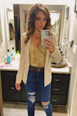 This bodysuit is super cute and has some stretch to it but not a ton. The straps are adjustable and there's a side zipper. The snaps at the base of the piece are plastic, for which I prefer metal snaps because the plastic ones tend to break but overall I really like this bodysuit when worn with a blazer! - Alexis S.