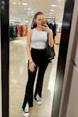 I love these pants. The front slit makes them perfect for any style of shoe! I'm usually between a small and a medium, I went with a medium and they are slightly loose in the waist but I think a small would've been too tight. They are form fitting and make your butt look good but still have the trendy wide leg vibe thanks to the flare - Courtney H.