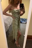 To start off with, I'm very petite and I'm always very hesitant to buy online because nothing ever fits me right but, I love this dress so much and feel great in it! The fabric is very light and flowy, it has a slip sewn into the dress which is nice! The bust is snug but not too snug, I personally like to feel secure around that area. I would say this sits just below the middle of my calf and the slit is flattering! I will be buying all of my dresses through Lulus. - Brianna S.