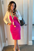 Fits great - hits right below the knee for me,
Thick material. Wore for a conference and loved the fun bright pink color. - Trista T.