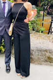 I loved this jumper! Wore to a friend's wedding. Fantastic sizeable pockets that fit my cell phone, material is thick and flexible/stretchy (danced all night in them) very flattering fit. I got a ton of compliments! The legs were long even with heels so I had to hem an inch or two, but I'm 5'4" so I'm used to that. I used the iron-hem tape and it worked perfectly with the material. - Emily D.