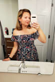 This dress is so lovely, breezy, and light! My first time wearing off-shoulder and decided to wear a strapless bra. It was fitted to my rib cage nicely and flowy at the waist and legs. Beautifully romantic. I wore it to an engagement session and I love it! Only thing is the white hanger straps kept coming out and had to be repeatedly tucked in. I may just cut those off. - Molly S.