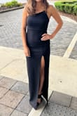 Like most lulus dresses, this dress runs long. I had to hem it about two inches, but otherwise, it fit perfectly. It is a classic black dress. The slit is high but fell at an appropriate place for me. - Tanya S.