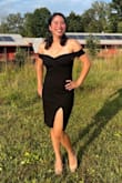 Fit very true to size. Danced all night and it didn't slip down or ride up too much. Highly recommend! Got tons of compliments. Material is pretty thick, but I was at an outdoor wedding in the summer humidity and it really wasn't bad. - Leah K.