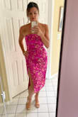 Absolutely LOVE this dress and received many compliments! I will say, it is tight and the fabric quality is not the best (I had to cut many little strings off) BUT I had to wear it anyways! I have a smaller bust and larger hips so my chest was not a problem but if you are more proportionate or larger chest - I would definitely size up! - Haley S.