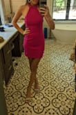 I ordered a S. I don't have as much up top and had about 3 inches of wiggle room....with a strapless bra on. The bottom was perfect and I would try an extra small if I wasn't in a hurry to find something fast. Not too short on a 5/9 person. This dress would probably work better for someone who is similar in size up top and on the hips. - Natalie K.