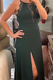 Love this dress! The lace detailing is so pretty and adds a very unique element. The cut is extremely flattering as well. I always fall right between a medium and a large depending on the cut, and I feel more comfortable in a large on this one. Plus it adds a little length for my height! (*Photo is of the medium!) the green color is gorgeous too! - Emily A.