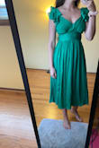 Love this color and the dress fits true to size. A bit lower cut than I thought, but I am at a larger cup size, might have more coverage for smaller cupped ladies. Slit isn't too revealing and the length is perfect for taller ladies - Jessica H.