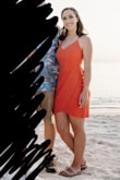 I wore this to a beach wedding this summer and it was perfect. The Coral Pink color was exactly what I was looking for! Overall it fit great, I did have the straps altered to crisscross in the back which pulled the top up a little bit which was all I needed. Being a bodycon I was worried it would ride up but it didn't. Would definitely recommend! - Samantha B.