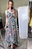 This dress is so cute/flowy/feminine. I would say it has more green to it than the picture shows. I'm usually in between a S and M- I got the M because other reviewers said the dress ran a bit small. However, I found that the M was a bit loose on me, so I will probably exchange for a S. I love the asymmetrical detail of the sleeves- just adds something beautiful and whimsical imo!
(I have more pics/vids of the dress on IG- sundress_season - Jessica D.