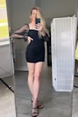 This dress is a hot little number! I tried it on in both S and M. I could actually get away with both, I liked how the S was tighter on my body, but it was a bit shorter than I prefer (I'm 5'8). The M was a better length but not quite as form-fitting (but didn't look loose or anything). My only thing with this dress is that it doesn't quite cinch you in at the waist- I don't have a very well-defined waist, so I felt it made me look a little boxier than I personally like.  But the material is great, and I love the sheer sleeves!

(I do have more pics/vids on my IG-  sundress_season) - Jessica D.