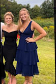 I loved wearing this beautiful navy dress to a wedding. The waist is perfectly flattering and the ruffles make it elegant but not too formal. It's a midi length it doesn't get mistaken with the bridesmaids' dresses either. So beautiful! - Ella H.
