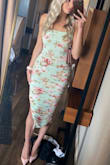 This is my favorite wedding guest dress of all time. It is so flattering - ruching hides everything - and I got the most compliments I've ever gotten on an outfit. Extremely comfortable, a little big, could have been more sucked in at the waist but not noticeably baggy. - Sonia D.