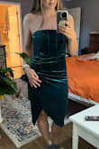 The teal is gorgeous! It was a tiny bit loose but I was looking for something tight enough to hold me in. This would not fall off loose just not sucking you in. The fabric looks great except the top part of the one I had looked like it had hanger indentations on it that didn't release. Loved the dress but not as flattering on me without a sweetheart or deep v neckline. - Jessica S.