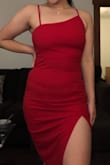 Ok I saw the reviews and bought the dress. I don't wear many dresses and tbh I don't write reviews for clothes but this dress IS IT. I recently went from 163lbs to 148lbs and I'm still consistently around a size 8-ish with wiggle room to get into 6s again. Being this in-between size and also being hesitant to order online, I can say this dress is true to size for M. It's got a bit of stretch and ahh I can't believe it gave me the look of long gorgeous legs as a 5'5 girl hahaha. I think I'm going to order this in 1 or 2 more colors! - Kathy N.