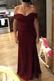 Originally I bought a small, but it was REAL tight so I purchased a medium and decided of the two the medium was more comfortable (especially for dancing and eating!). Common complaint: couldn't raise my arms, but I did love the look of off-the-shoulder so I wouldn't dock marks for that. I think maybe my hips and rib cage aren't wide enough, I had to hike it up quite a few times throughout the night. Eventually, it just became a habit to adjust it during the dancing and wasn't a huge deal, if you were curvier than me, I'm sure it wouldn't be a problem at all :) Overall, the dress was gorgeous and I got lots of compliments on it but I'm not sure if I'd wear it to the next wedding. - Lindsay H.