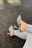 These heels fit true to size. I got them in my reg size 6. They are comfy for short periods of time, def not for all-day walking/standing. The sole feels like cardboard and looks like it'll get damaged on wet ground. I hope they will last. For the sale price, they are great. The website won't allow me to upload photos ... - Tanya S.