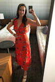 The dress is beautiful and looks fantastic, tons of compliments. But, it is very thin and after one wear, the inside material started tearing at the seam in the cleavage area near the buttons. I do have a fuller bust for a small size, but it shouldn't rip after one wear. The thin material also causes the dress to easily dent and wrinkle in the pleats. - Britt R.