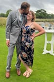 Love this dress! The photos are a little deceiving in that the slit is more centered than it looks. It's a little short in the front when sitting, but the dress has a nice lining for coverage. Straps are adjustable which is awesome! Very comfortable and flattering for a fuller figure. - Kendra E.