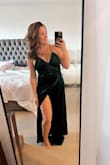 Such a gorgeous green velvet color, perfect for a fall wedding or winter event. A little loose in the chest area but still keeping it. Stretchy waist makes it super comfy! - Jess A.