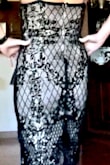 This is a beautiful dress, and I wanted to love it, but the backside was a problem. As you can see in the picture, the seam and beading meet in an unfortunate way. It seems like you can see through it and view more than desired. It isn't but still looks that way. It is good quality, gorgeous fit, and really so close to perfect. - Kathy F.