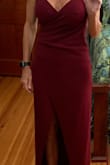 This dress is beautiful and flattering. A tailor told me it needed to be taken in on my right hip a little, as it puffed out some, but that modification only cost $15. With a 2.5 to 3 inch heel, the length was perfect. I think the straps could be a little smaller, or perhaps they could be made adjustable on an updated version of the dress to make it a little tighter up top. - Regina A.