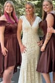 I don't normally write reviews, but I got so much help from others' feedback, I needed to write. This dress was perfect for me, not too fancy, not too plain. It was very comfortable and I was able to wear it all day. I had looked for a dress for months and was so surprised I finally chose a dress that was as inexpensive as this one was. If you are on the fence, give this dress a try. My only negative was the length was too long, but a quick hem was all it needed. - Stacy S.