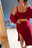 Exactly as described. Three different pieces you can mix and match and adorable as a set. Very thick material. A bit pricey but worth it. The straps were very long for me but I just added a button hole and it was fine. I do wish Lulus sold sets with separate sizes on top and bottom for us pear shaped folks, but I made do with the large. - Anna T.