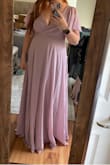 I loved the color of this dress and the slit. It was a good length for my 5'2 height with high heels. I also really liked the flowy sleeves on this one! The cons, the sleeves are so really large and kept falling off my shoulders. They would definitely need to be taped. It's super low and would need to be pinned. Lastly, the back scoops super low. Even lower than my strapless bra, so you would need stick-ons. I would say it also runs a bit large. The dress I ended up keeping was medium and this one was small. - Shirley