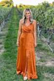 I wore this dress to a fall wedding. I loved the color and got many compliments on it. The fit of the dress was flattering and comfortable. The only thing is, it is pretty long. I did not have time to get it hemmed, so even being 5'7" I had to wear really high shoes. - Jessica L.