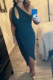 I originally bought this dress in a large thinking the wait might be too snug & it was way too big. Ordered small hoping it would work since Medium was out of stock. It is perfect! A little stretchy & very flattering esp for mommy tummy's. I'm very petite in the shoulders & this worked perfectly! Cannot wait to wear to a wedding Saturday! - Elizabeth S.