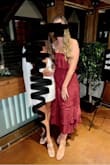 Loved this dress! It was form fitting up top and flowy after it hits your waist. I originally ordered a L but sizes down to a M to have a more snug fit up top. Length was great as well for me as i am pretty tall. Wore it to a cocktail attire rehearsal dinner and it was perfect! - Mackenzie H.