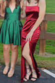 The dress was a beautiful satin, slightly darker then shown online, but worked for my occasion. I expected a single layer of fabric, but it was made with two high quality and durable layers! It was a little longer then expected, and when I was barefoot it did drag a little bit. The leg slit was at the perfect length, and this dress was surprisingly comfortable. Having a smaller chest size, I always find it difficult to find dresses that look good on me, but this dress was so flattering to my body shape. - Savannah G.