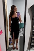 I really like this dress. I do kinda wish the slit was more towards the side, but that's just my own personal preference. The dress is very comfortable and very flattering, and the material is soft and stretchy. Great for a cocktail party or a fancy dinner. I am usually a Small, and this dress fit accordingly. - Diana I.