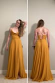 I had high hopes for this dress because I love: mustard/goldenrod colors, corset strappy backs, leg slit dresses. Unfortunately this dress did not do it for me. The color is *very* mustard (darker than the golden light mustard I saw on my monitor) which just  quite as bright as I was hoping. The corset back makes it easily adjustable, which is great, but the waist was SUPER skinny - and I'm a skinny gal! Normally I'm comfortably a small in most Lulus dresses, but I felt I'd be more comfortable in a medium in this dress. The leg slit is barely noticeable when you walk or stand unless you really Anegelina Jolie style stick your leg way out to the side. My biggest complaint though was how low the cowl neck top droops. Granted, I have virtually no boobs (36AAA), but I could not find a way to tie the corset back that would keep the fabric actually covering my nips. Virtually any time I moved the fabric would expose a boob. So this dress was a "no" for me (but found a different Lulus dress I loved instead!) - Danielle W.