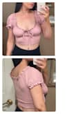 Absolutely love the fit and color. The ruffle on the back kinda falls over when the sleeves are up. It fits better with the sleeves down. Would look great with a strapless bra too. - Madelena B.