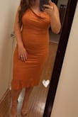 This dress is cute but the material is thin so it shows everything. I also had to get the strap altered because it would keep slipping off my shoulder. - Jessica T.
