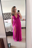 fits well, usually, a medium in clothing & this is true to size for me. a little long when I tried it on but I wasn't in heels & will be for the event I'm wearing it to. definitely recommend. comfy, too! - Jess A.