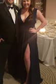 My husband claims he never likes anything I wear. So for his friend's black tie wedding, I told him he could pick my dress. He chose this for obvious reasons. The plunging neckline and the high slit really pulled him in, and I was happy it had straps for some type of support. This dress got SO MANY COMPLIMENTS! From my mother-in-law commenting on how elegant it was to a random lady in a bar saying "your cleavage is delicious, DELICIOUS!" I literally heard it all. I am currently breastfeeding so I didn't end up wearing any type of bra under and the straps dropped right down for pumping/nursing purposes. The fit was great at the waist and bust, they are always going to be long in order to accommodate the tall girls. The only alteration I actually made was taking fabric out of the straps in order to give a bit more support and make the length more manageable! - Ben E.