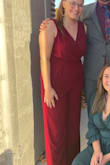 I loved this jumpsuit! I wore it to a wedding and thought it was so comfortable. The back way my favorite part. Unfortunately, I needed a large for my hips and thighs and only needed a medium for my top half, so I did have to pin the sleeves to keep it up as well as pin the busy cause it was a little deeper then I liked. I was wearing 6inch heels but will need to get it hemmed if I wear shorter ones. As other reviews, the zipper sucks, I had such a difficult time getting it up past the hip area so it makes using the bathroom difficult. But overall it's very pretty and very comfortable. - Jaylynn S.