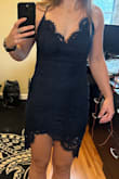 I think this dress is amazingly beautiful. But it's short!! It looks way long on the model than it was on me. I'm only 5'5 but this was almost too short for me to safely sit down in. Unfortunately had to return. I thought about sizing up (even though I'm very true to size small) but then the top would have been too loose and I would have fallen out the top. Disappointed because I wanted to love it. - Solana B.