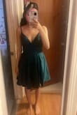 I had previously purchased another green cocktail dress here and loved it, but I didn't feel confident wearing it just yet and figured I would wear it to another friend's wedding next year. So, I started looking for another green cocktail dress to wear when I came across this one. It has such a beautiful cross design on the top and flowy skirt compared to the other dress. I was having trouble deciding which size to get based on the reviews, but decided to go with my gut and went with my normal size. I'm glad I did because it fit me perfectly! Not only that, but it has hidden pockets! It does hit at the knee for me, which is perfect for cocktail wedding attire. I plan on paring this with a black trench coat (which I also got from here), black heels, and a black formal crossbody to tie in the look together. - Katie N.