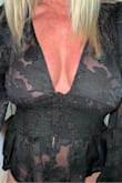 This is such a beautiful, sexy blouse. I'm absolutely obsessed! The black, even though it has some see-through areas, it just leaves a lot to the imagination if you don't wear a bra! And I am way more comfortable not wearing a bra. I love this so much I am probably going to get a few of the other colors. - Amy T.