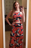 Such a great pattern! The skirt is light and flowy, though it is long. I'm tallish and had to hem it up like 3-4". So great option if you skew tall! I love that the top can be adjusted a little to show more or less midriff as I'm not quite used to wearing crop tops. The blue is slightly different than pictured, but I think I like the darker blue better. - Julia H.