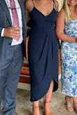 This dress was perfect for a family member's wedding. It was classy and so so comfortable. It fit great and I got so many compliments on it. I also tried it on in Black, but it did not look as nice as the Navy even though it was the same dress. It got very wrinkled when folded, but a steamer got it looking perfect. Highly recommend this dress! - Sadie G.