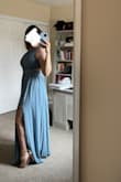 Love this dress, but the bust area was a little tight. I was able to zip it all the way up but it wasn't the most comfortable. love the color, love the leg slit, and the cut-out on the side. I would probably size up. - Marina B.