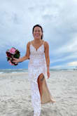 Bought this as a backup for my original, much more expensive dress and love it even more than the OG. I couldn't believe it was so utterly perfect, shipped quickly and got so many compliments, AND it was the perfect length not to drag in the sand during my beach wedding. It's sexy without being too revealing and comfortable enough to wear all day! My only complaints are that the design doesn't match up along the seam where the top of the dress meets the bottom (see 2nd pic) and  the sequins were falling off all day. But others said neither issue was noticeable, and for $99 I cannot complain! - Marisa M.