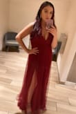 Bought it last minute for a wedding. It was a great choice because it fits true to size. It is very long so it would be best if tailored for length but I made it work. The slits are very high and since I would have to continuously lift it I did stitch them about an inch on each side. - Sayra E.